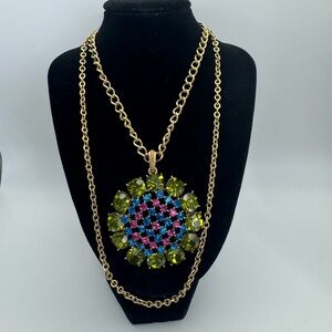 Vintage Lisner Signed Rhinestone Pendant Necklace Colorful Mid Century Statement